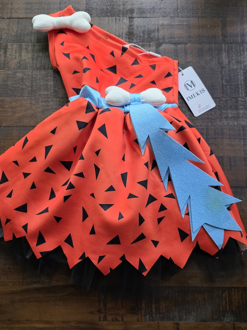 Kids Pebbles Orange & Black Halloween Costume Dress with Blue Accent